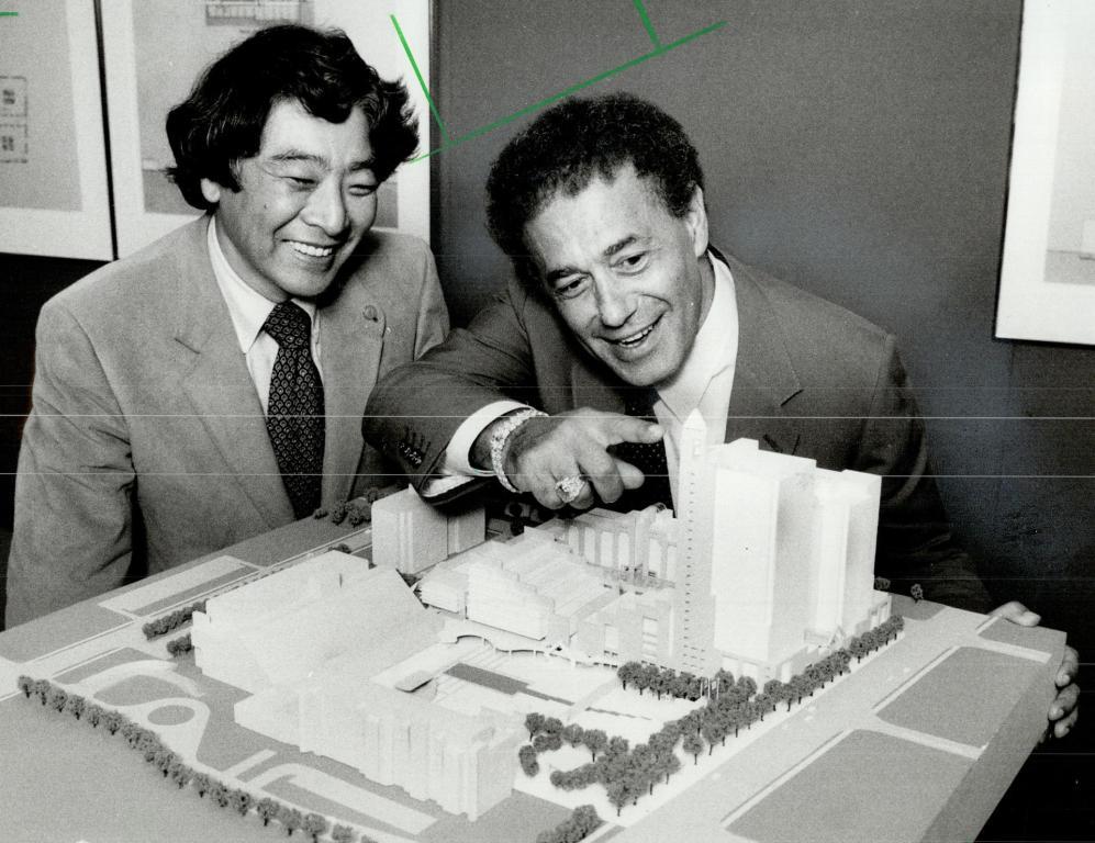 "Boom town: Architect Raymond Moriyama and North York Mayor Mel Lastman look over model of civic-centre expansion that is expected to spark a development boom," October 4, 1982 (Image by Dick Darrell, courtesy Toronto Public Library under Toronto Star License)
